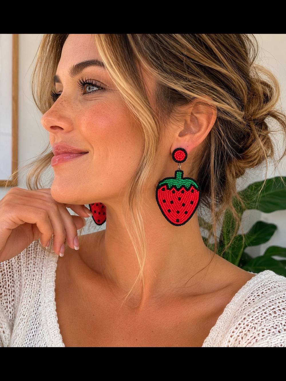 Strawberry Beaded Drop Earrings Indigenous Boho New